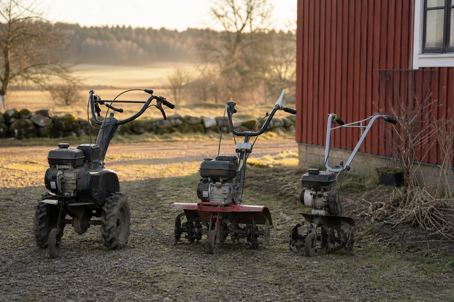 Tre varumärkesfria jordfräsar vid en gårdsplan.