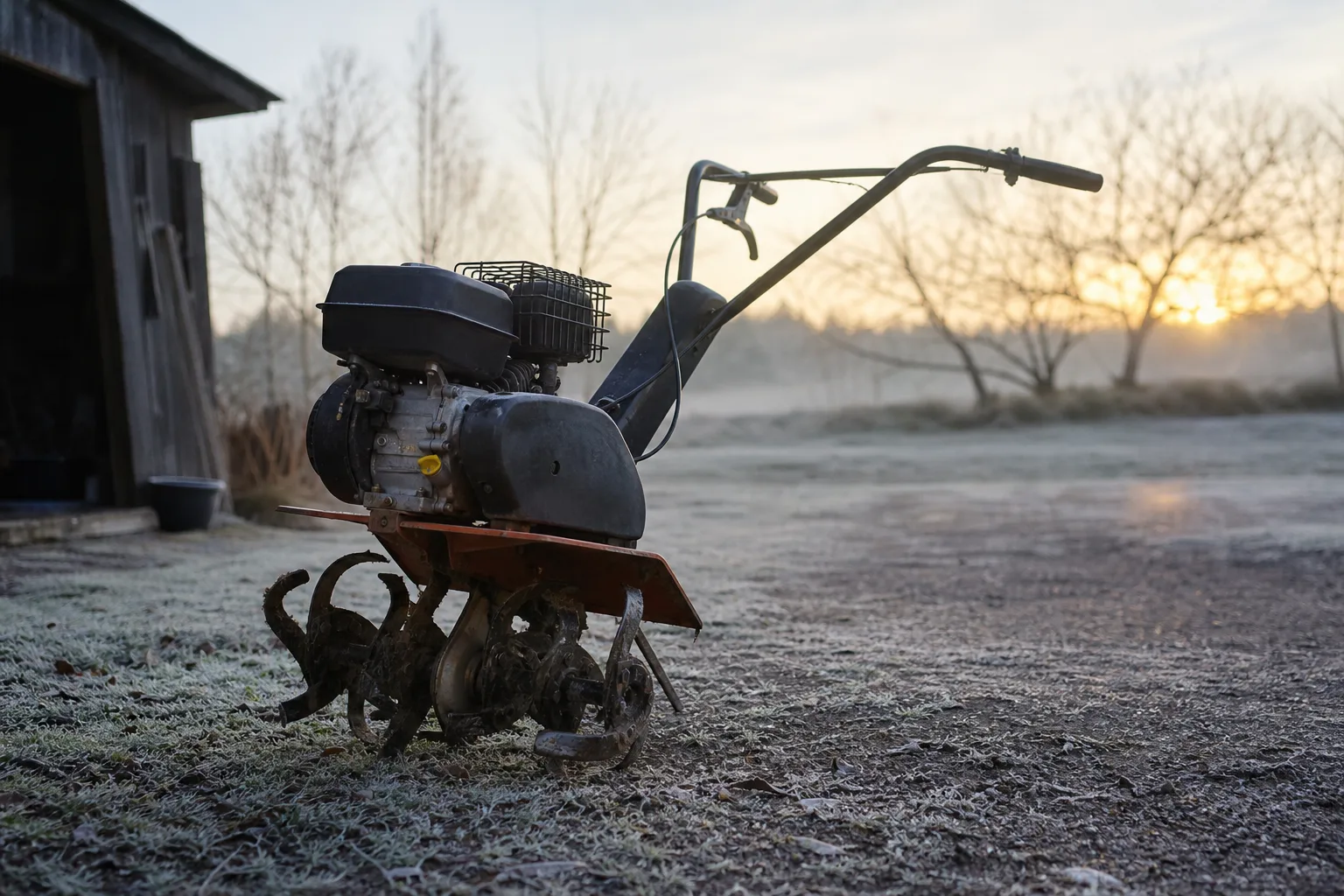 Avstängd varumärkesfri jordfräs med öppet motorskydd.