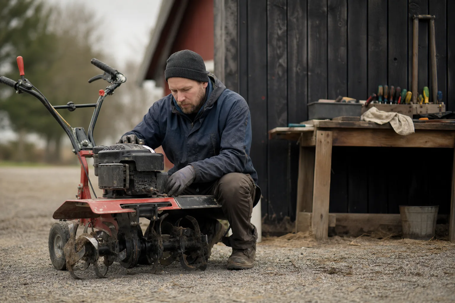 Avstängd varumärkesfri jordfräs med verktyg på en bänk.