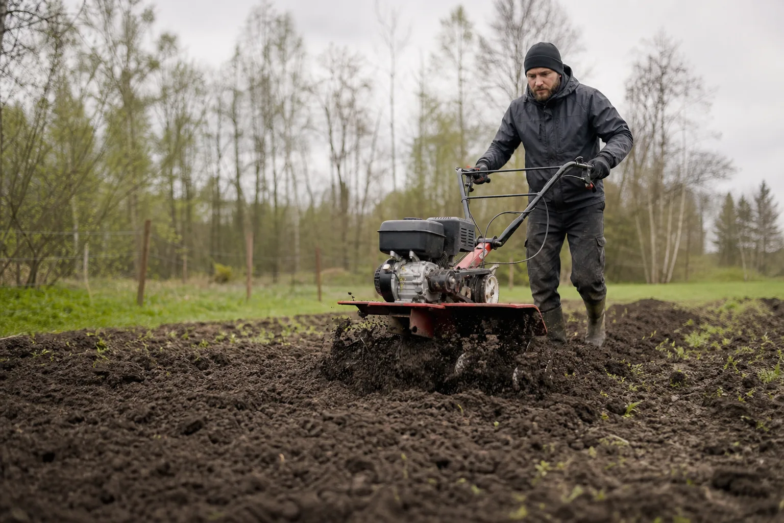 Tung varumärkesfri jordfräs i mörk lerjord.