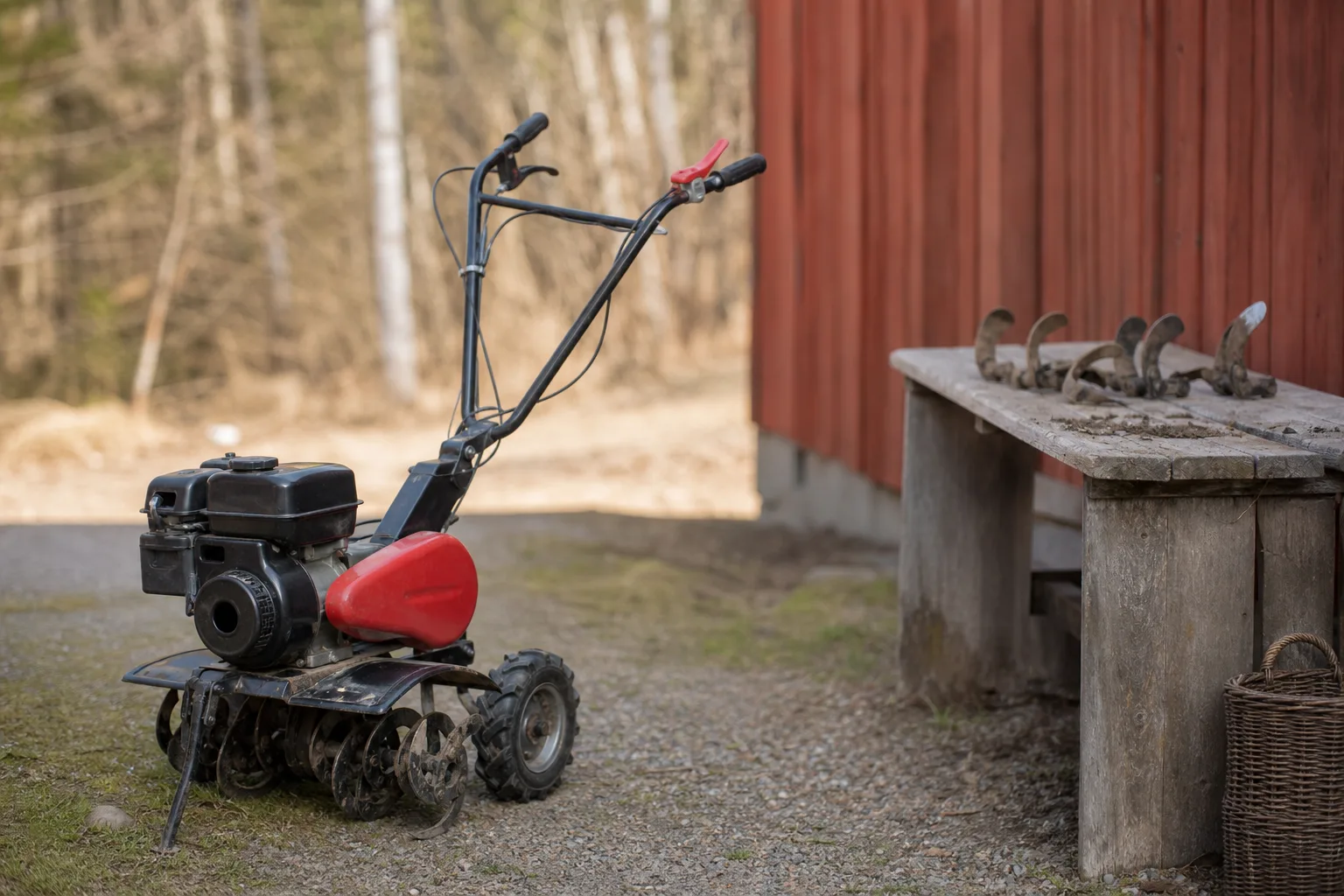 Avstängd varumärkesfri jordfräs och knivdelar på en separat bänk.
