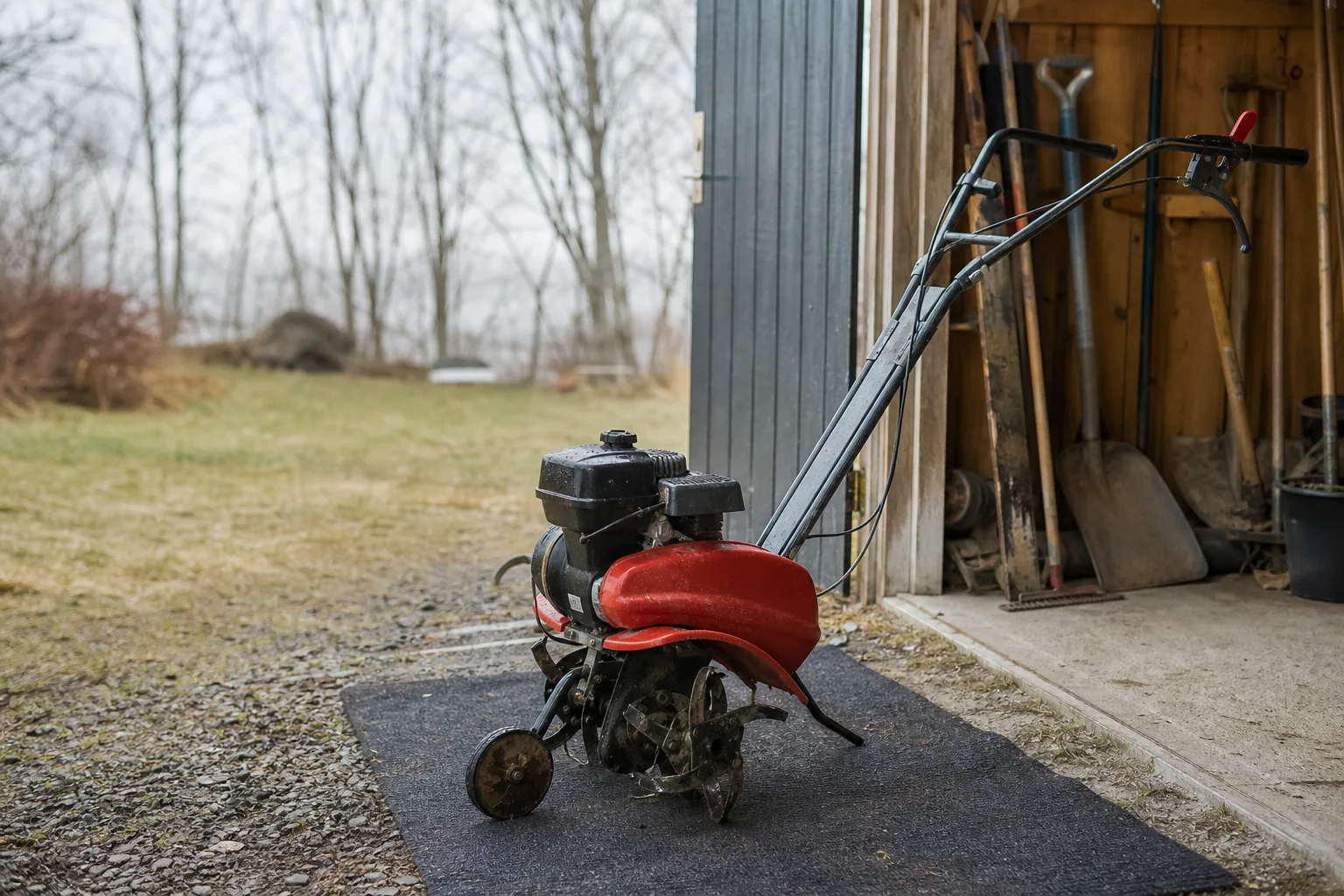 Ren varumärkesfri jordfräs vid ett öppet förråd.