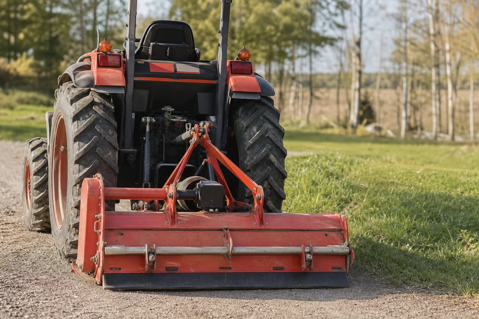 Kompakttraktor bakifrån med varumärkesfri fräs och skyddad kraftöverföring.