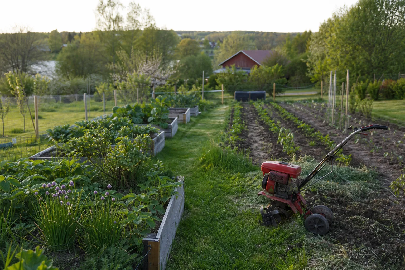 Överblick över pallkragar och odlingsrader med jordfräs vid kanten.